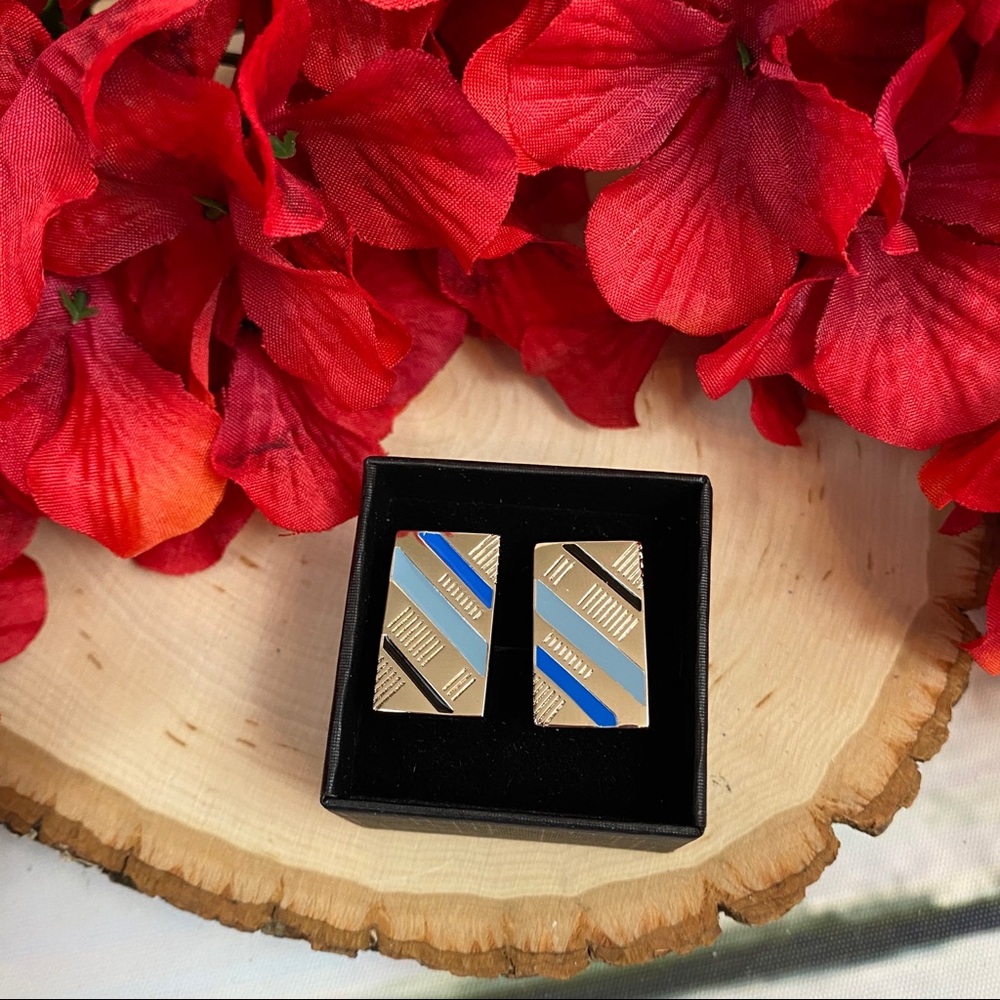 Classic Blue, Silver and Black Stripe Cufflinks - Picture 7 of 8
